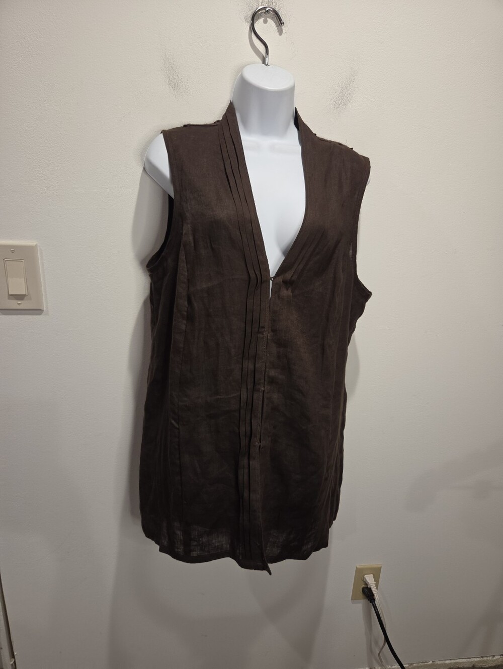 Chicos Size 2 Us L Chocolate Brown Linen Boho Vest Pockets